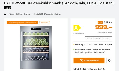 HAIER WS50GDAI Weinkühlschrank (142 kWh/Jahr, EEK A, Edelstahl, 50 Flaschen) HAIER WS50GDAI Weinkühlschrank (142 kWh/Jahr, EEK A, Edelstahl, 50 Flaschen)
