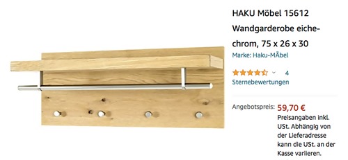 HAKU Möbel 15612 Wandgarderobe, 75 x 26 x 30 cm HAKU Möbel 15612 Wandgarderobe, 75 x 26 x 30 cm