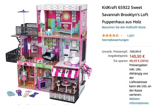 KidKraft 65922 Sweet Savannah Brooklyns Loft Puppenhaus aus Holz (106,05 x 46,36 x 106,05 cm) KidKraft 65922 Sweet Savannah Brooklyns Loft Puppenhaus aus Holz (106,05 x 46,36 x 106,05 cm)