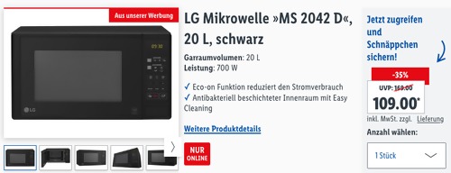 LG Mikrowelle "MS 2042 D", schwarz (20 L, 700 W, Eco On) LG Mikrowelle "MS 2042 D", schwarz (20 L, 700 W, Eco On)