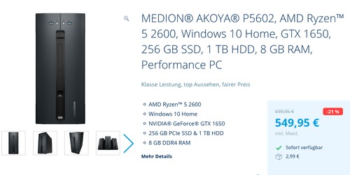 MEDION® AKOYA® P5602 Performance-PC (AMD Ryzen 5 2600, Windows 10 Home, GTX 1650, 256 GB SSD, 1 TB HDD, 8 GB RAM) MEDION® AKOYA® P5602 Performance-PC (AMD Ryzen 5 2600, Windows 10 Home, GTX 1650, 256 GB SSD, 1 TB HDD, 8 GB RAM)