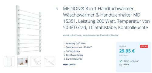 MEDION® MD 15351 3 in 1 Handtuchwärmer, Wäschewärmer & Handtuchhalter (200 Watt, 50-60 Grad, 10 Stahlstäbe) MEDION® MD 15351 3 in 1 Handtuchwärmer, Wäschewärmer & Handtuchhalter (200 Watt, 50-60 Grad, 10 Stahlstäbe)