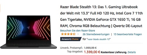 Razer Blade Stealth 13 (RZ09-03272G12-R3G1) 13.3'' Full HD 120 Hz Gaming Ultrabook (Intel Core 7 11th Gen Tigerlake, NVIDIA GeForce GTX 1650 Ti, 16 GB RAM) Razer Blade Stealth 13 (RZ09-03272G12-R3G1) 13.3'' Full HD 120 Hz Gaming Ultrabook (Intel Core 7 11th Gen Tigerlake, NVIDIA GeForce GTX 1650 Ti, 16 GB RAM)