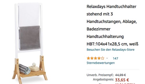 Relaxdays 10020978 Handtuchhalter stehend mit 3 Handtuchstangen, 104x41x28,5 cm (Bambus, MDF) Relaxdays 10020978 Handtuchhalter stehend mit 3 Handtuchstangen, 104x41x28,5 cm (Bambus, MDF)