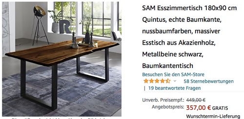 SAM Esszimmertisch "Quintus" 180x90 cm, Nussbaum Schwarz (echte Baumkante, Akazienholz, Metallbeine) SAM Esszimmertisch "Quintus" 180x90 cm, Nussbaum Schwarz (echte Baumkante, Akazienholz, Metallbeine)