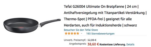 Tefal G26004 24 cm Ultimate On Bratpfanne (Thermo-Spot, PFOA-frei, geeignet für alle Herdarten Tefal G26004 24 cm Ultimate On Bratpfanne (Thermo-Spot, PFOA-frei, geeignet für alle Herdarten