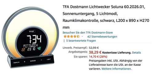 TFA Dostmann Lichtwecker "Soluna", (Sonnenuntergang, 5 Lichtmodi, Raumklimakontrolle) TFA Dostmann Lichtwecker "Soluna", (Sonnenuntergang, 5 Lichtmodi, Raumklimakontrolle)