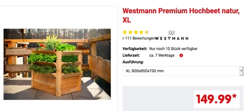 Westmann Premium Hochbeet XL aus Naturholz (90 x H 73 x T 65 cm, 350 L) Westmann Premium Hochbeet XL aus Naturholz (90 x H 73 x T 65 cm, 350 L)