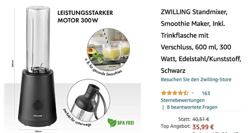 ZWILLING Standmixer/Smoothie Maker 36420-010 (600 ml, 300 Watt, inkl. Trinkflasche mit Verschluss, ) ZWILLING Standmixer/Smoothie Maker 36420-010 (600 ml, 300 Watt, inkl. Trinkflasche mit Verschluss, )