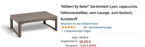 "Allibert by Keter" Gartentisch Lyon, Cappuccino (116 x 71,5 x 40/66,5 cm, höhenverstellbar, Kunststoff) "Allibert by Keter" Gartentisch Lyon, Cappuccino (116 x 71,5 x 40/66,5 cm, höhenverstellbar, Kunststoff)