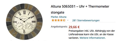 Altuna 5065031 Wanduhr + Thermometer, stongate (34 cm) Altuna 5065031 Wanduhr + Thermometer, stongate (34 cm)
