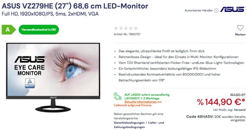 ASUS VZ279HE (27") 68,6 cm LED-Monitor (1920x1080, IPS, 5ms, 2xHDMI, VGA ASUS VZ279HE (27") 68,6 cm LED-Monitor (1920x1080, IPS, 5ms, 2xHDMI, VGA