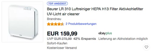 Beurer LR 310 Luftreiniger mit HEPA-Filter H13 ( Automatikfunktion, UV-Licht) Beurer LR 310 Luftreiniger mit HEPA-Filter H13 ( Automatikfunktion, UV-Licht)