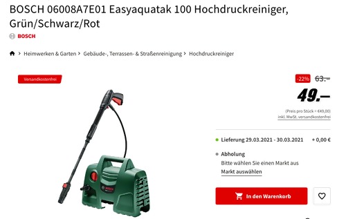 Bosch 06008A7E01 EasyAquatak 100 Hochdruckreiniger (100 bar, 300 Liter/Std., 1200 Watt) Bosch 06008A7E01 EasyAquatak 100 Hochdruckreiniger (100 bar, 300 Liter/Std., 1200 Watt)