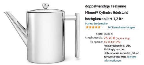 Bredemeijer 6151MS doppelwandige 1,2 Liter Teekanne Minuet® Cylindre, Edelstahl hochglanzpoliert Bredemeijer 6151MS doppelwandige 1,2 Liter Teekanne Minuet® Cylindre, Edelstahl hochglanzpoliert