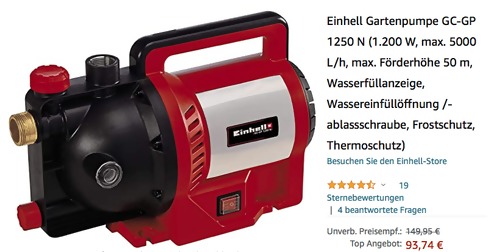 Einhell 4180350 Gartenpumpe GC-GP 1250 N (1.200 W, max. 5000 L/h, max. Förderhöhe 50 m) Einhell 4180350 Gartenpumpe GC-GP 1250 N (1.200 W, max. 5000 L/h, max. Förderhöhe 50 m)