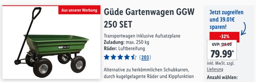 Güde Gartenwagen GGW 250 inklusive Aufsatzplane (250 kg max. Zuladung, Kippfunktion) Güde Gartenwagen GGW 250 inklusive Aufsatzplane (250 kg max. Zuladung, Kippfunktion)