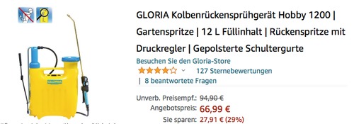 GLORIA Kolbenrückensprühgerät Hobby 1200, 12 L Füllinhalt GLORIA Kolbenrückensprühgerät Hobby 1200, 12 L Füllinhalt