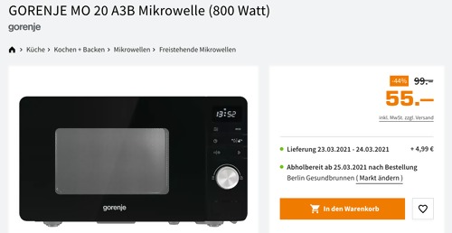 GORENJE MO 20 A3B Mikrowelle (800 Watt, 20 Liter) GORENJE MO 20 A3B Mikrowelle (800 Watt, 20 Liter)