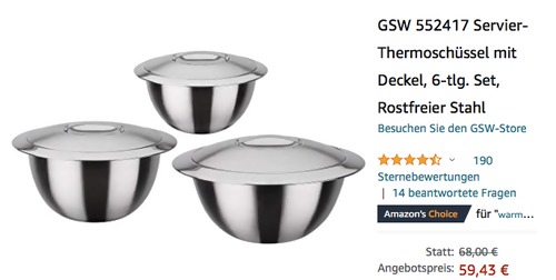 GSW 552417 GSW 552417 6-tlg. Servier-Thermoschüssel mit Deckel Set, Edelstahl GSW 552417 GSW 552417 6-tlg. Servier-Thermoschüssel mit Deckel Set, Edelstahl