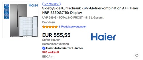 Haier HRF-522DG7 Side-by-Side Kühl-Gefrierkombination (515 Liter, 179x91x65,5 cm , EEK A++) - jetzt 16% billiger Haier HRF-522DG7 Side-by-Side Kühl-Gefrierkombination (515 Liter, 179x91x65,5 cm , EEK A++) - jetzt 16% billiger