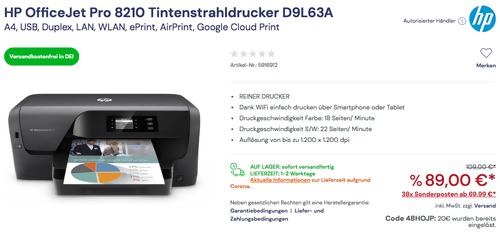 HP OfficeJet Pro 8210 A4 Tintenstrahldrucker D9L63A (USB, Duplex, LAN, WLAN, ePrint, AirPrint, Google Cloud Print) HP OfficeJet Pro 8210 A4 Tintenstrahldrucker D9L63A (USB, Duplex, LAN, WLAN, ePrint, AirPrint, Google Cloud Print)