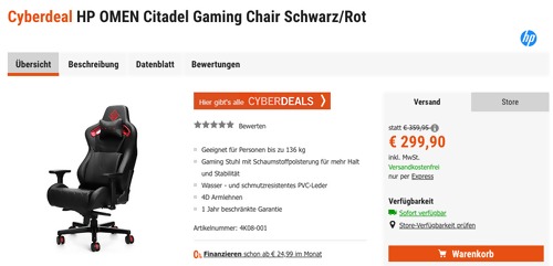 HP OMEN Citadel Gaming Chair/Stuhl, Schwarz/Rot HP OMEN Citadel Gaming Chair/Stuhl, Schwarz/Rot