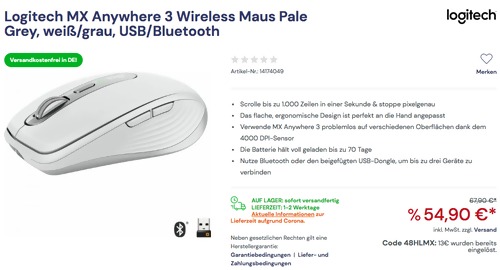 Logitech MX Anywhere 3 Wireless PC-Maus, weiß/grau (USB/Bluetooth) Logitech MX Anywhere 3 Wireless PC-Maus, weiß/grau (USB/Bluetooth)
