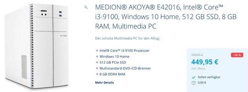 MEDION® AKOYA® E42016 Multimedia-PC (i3-9100, Windows 10 Home, 512 GB SSD, 8 GB RAM,) MEDION® AKOYA® E42016 Multimedia-PC (i3-9100, Windows 10 Home, 512 GB SSD, 8 GB RAM,)