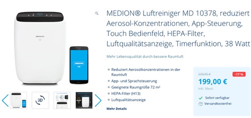 MEDION® Luftreiniger MD 10378 (reduziert Aerosol-Konzentrationen, App-Steuerung, HEPA-Filter) - jetzt 17% billiger MEDION® Luftreiniger MD 10378 (reduziert Aerosol-Konzentrationen, App-Steuerung, HEPA-Filter) - jetzt 17% billiger