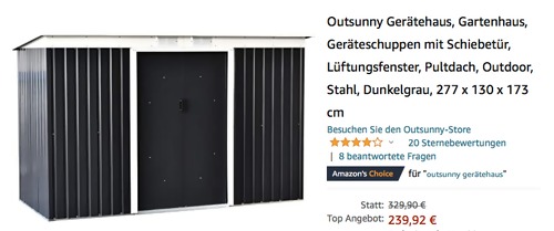 Outsunny Geräteschuppen mit Schiebetür, dunkelgrau (277 x 130 x 173 cm) Outsunny Geräteschuppen mit Schiebetür, dunkelgrau (277 x 130 x 173 cm)