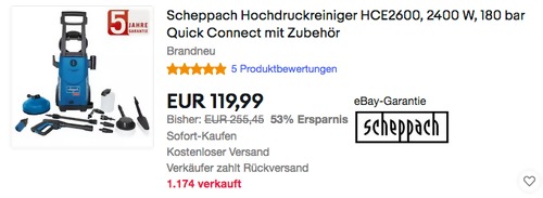 Scheppach Hochdruckreiniger HCE2600 mit Zubehör, 180 bar Maximaldruck - jetzt 7% billiger