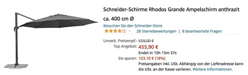 Schneider Ampelschirm "Rhodos Grande", anthrazit (ca. 400 cm Ø, inkl. Plattenständer) Schneider Ampelschirm "Rhodos Grande", anthrazit (ca. 400 cm Ø, inkl. Plattenständer)