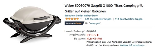 Weber 50060079 Gasgrill Q1000 Titan, 2,49 KW Weber 50060079 Gasgrill Q1000 Titan, 2,49 KW