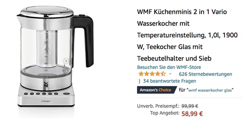 WMF KÜCHENminis Glas-Wasserkocher "Vario" (1,0l, Temperatureinstellung, 1900 W, Teebeutelhalter, Sieb) WMF KÜCHENminis Glas-Wasserkocher "Vario" (1,0l, Temperatureinstellung, 1900 W, Teebeutelhalter, Sieb)