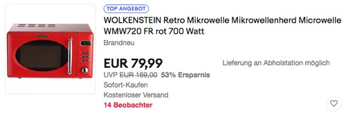 Wolkenstein WMW720 FR Retro Mikrowelle, rot (700 Watt, 20 Liter) Wolkenstein WMW720 FR Retro Mikrowelle, rot (700 Watt, 20 Liter)