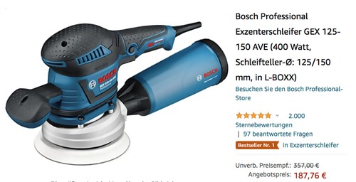 Bosch Professional Exzenterschleifer GEX 125-150 AVE (400 Watt, Schleifteller-Ø: 125/150 mm, in L-BOXX) Bosch Professional Exzenterschleifer GEX 125-150 AVE (400 Watt, Schleifteller-Ø: 125/150 mm, in L-BOXX)