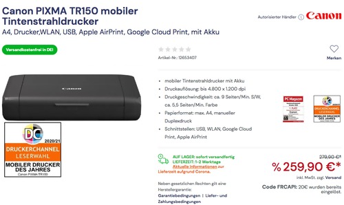 Canon PIXMA TR150 mobiler Tintenstrahldrucker mit Akku (A4, WLAN, USB, Apple AirPrint, Google Cloud Print) Canon PIXMA TR150 mobiler Tintenstrahldrucker mit Akku (A4, WLAN, USB, Apple AirPrint, Google Cloud Print)