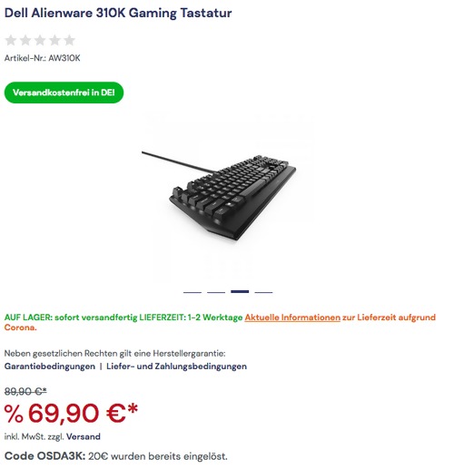 Dell Alienware 310K Gaming Tastatur mit LED-Hintergrundbeleuchtung Dell Alienware 310K Gaming Tastatur mit LED-Hintergrundbeleuchtung