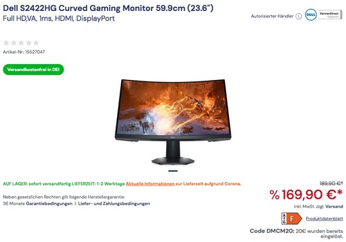 Dell S2422HG 59.9cm (23.6") Curved Gaming Monitor (Full HD, VA, 1ms, HDMI, DisplayPort) Dell S2422HG 59.9cm (23.6") Curved Gaming Monitor (Full HD, VA, 1ms, HDMI, DisplayPort)