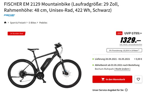 FISCHER EM 2129 E-Mountainbike, schwarz (29 Zoll, 48 cm Rahmenhöhe, 422 Wh) FISCHER EM 2129 E-Mountainbike, schwarz (29 Zoll, 48 cm Rahmenhöhe, 422 Wh)