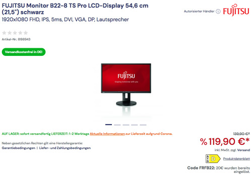 FUJITSU Monitor B22-8 TS Pro 54,6 cm (21,5") LCD-Display, schwarz (1920x1080 FHD, IPS, 5ms, DVI, VGA, DP, Lautsprecher) FUJITSU Monitor B22-8 TS Pro 54,6 cm (21,5") LCD-Display, schwarz (1920x1080 FHD, IPS, 5ms, DVI, VGA, DP, Lautsprecher)