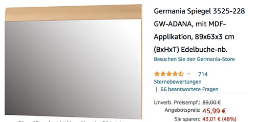 Germania Spiegel 3525-228 GW-Adana Edelbuche Nachbildung, 89x63x3 cm Germania Spiegel 3525-228 GW-Adana Edelbuche Nachbildung, 89x63x3 cm