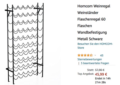 Homcom Weinregal für 60 Flaschen, schwarz (Metall, 63 x 20.5 x 118 cm) Homcom Weinregal für 60 Flaschen, schwarz (Metall, 63 x 20.5 x 118 cm)
