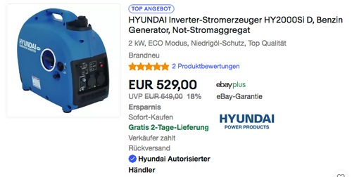 HYUNDAI Inverter-Stromerzeuger HY2000Si D (max. 2 kW, 2x230 V) HYUNDAI Inverter-Stromerzeuger HY2000Si D (max. 2 kW, 2x230 V)