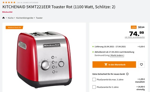KITCHENAID 5KMT221EER Toaster Rot (1100 Watt, Schlitze: 2) KITCHENAID 5KMT221EER Toaster Rot (1100 Watt, Schlitze: 2)