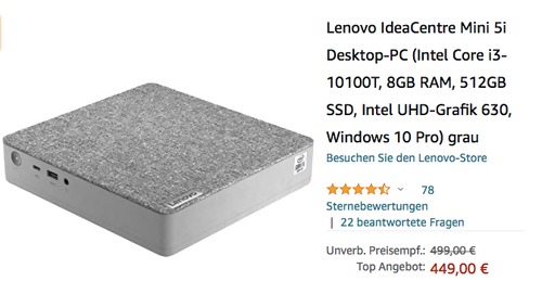 Lenovo 90Q7002YGF IdeaCentre Mini 5i Desktop-PC ( i3-10100T, 8GB RAM, 512GB SSD, Intel UHD-Grafik 630, Win 10 Pro) Lenovo 90Q7002YGF IdeaCentre Mini 5i Desktop-PC ( i3-10100T, 8GB RAM, 512GB SSD, Intel UHD-Grafik 630, Win 10 Pro)
