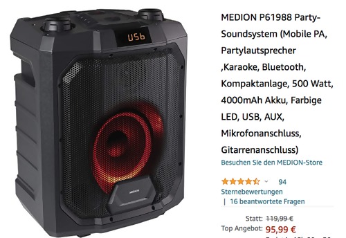 MEDION P61988 Party-Soundsystem (50 W RMS, 4000mAh Akku, Farbige LED) MEDION P61988 Party-Soundsystem (50 W RMS, 4000mAh Akku, Farbige LED)