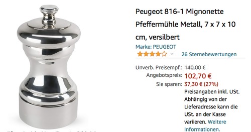 Peugeot 816-1 Mignonette Pfeffermühle aus Metall, versilbert Peugeot 816-1 Mignonette Pfeffermühle aus Metall, versilbert