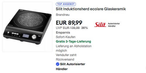 Silit ecolare 2000 W Einzel- Induktionskochfeld, Topf- unf Pfannengröße bis 260 mm Silit ecolare 2000 W Einzel- Induktionskochfeld, Topf- unf Pfannengröße bis 260 mm